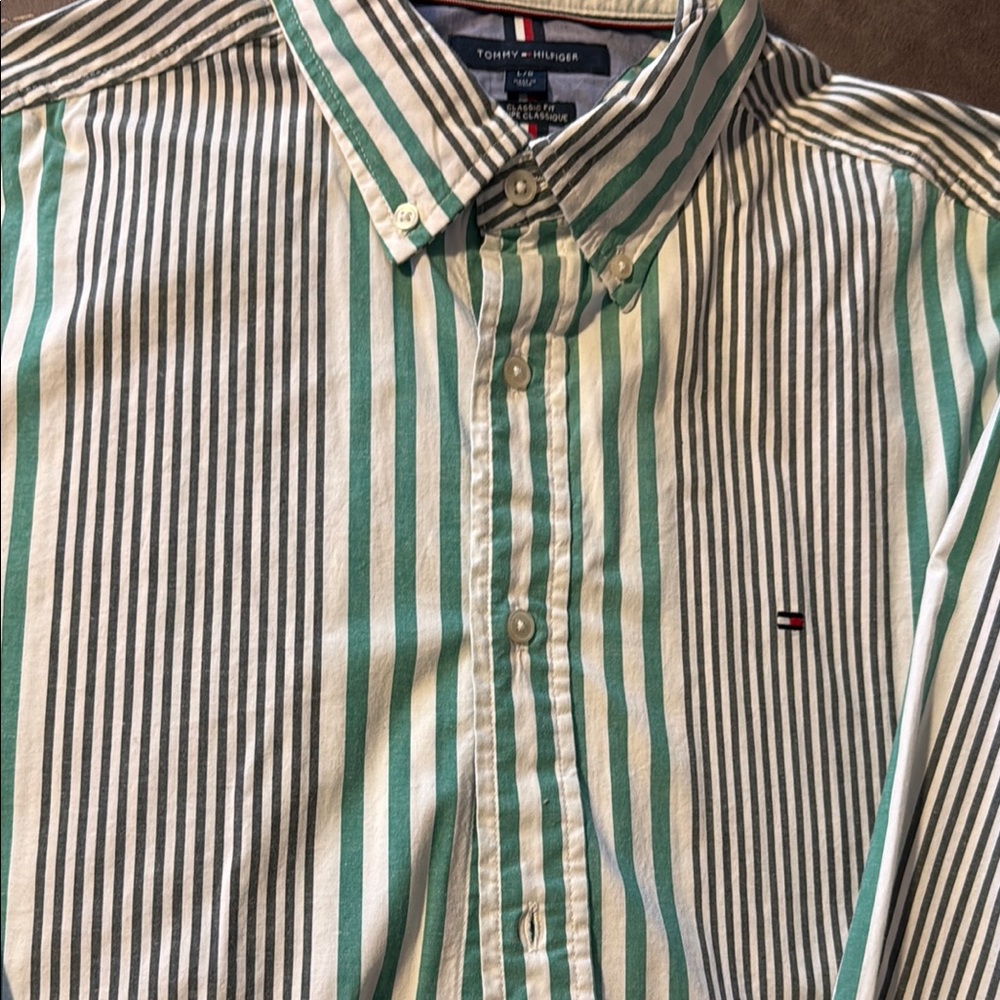 Tommy Hilfiger Green and White Striped Casual Shirt - Picture 3 of 10